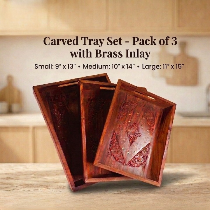 Premium Brass Inlay & Carved Sheesham Tray Set (Pack of 3)
