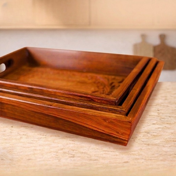 Premium Brass Inlay & Carved Sheesham Tray Set (Pack of 3)
