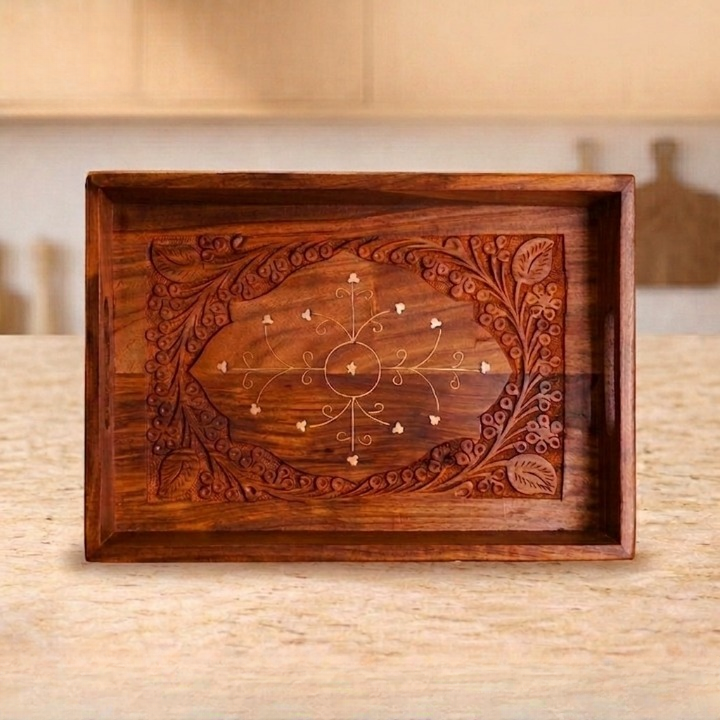 Premium Brass Inlay & Carved Sheesham Tray Set (Pack of 3)