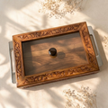 Luxury Hand-Carved Sheesham Tray – Glass Lid & Steel Handles