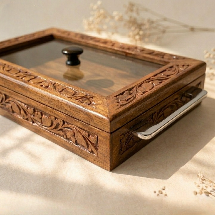 Luxury Hand-Carved Sheesham Tray – Glass Lid & Steel Handles