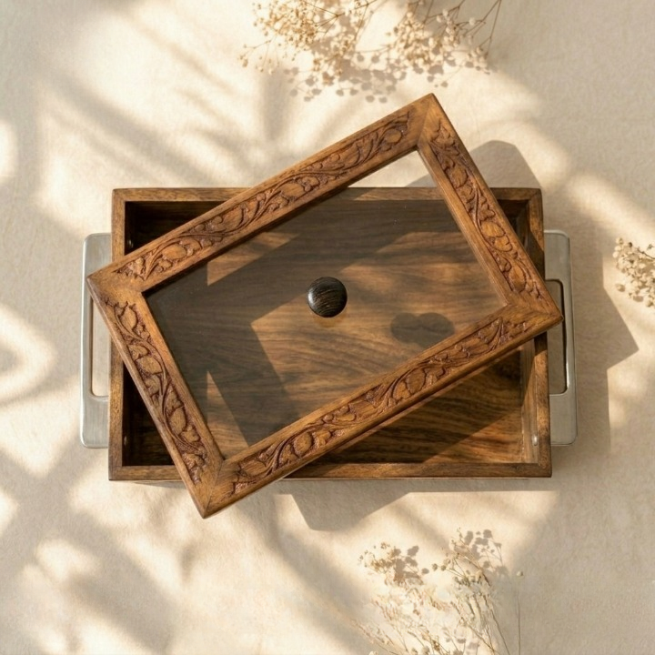 Luxury Hand-Carved Sheesham Tray – Glass Lid & Steel Handles