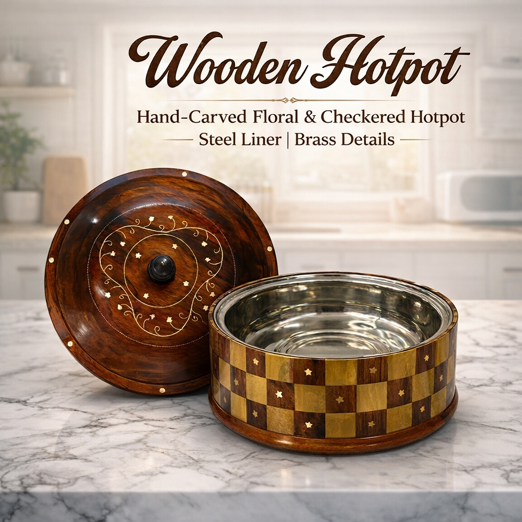 Brass Work Wooden Hotpot with Insulated Steel Bowl (12 Inches)