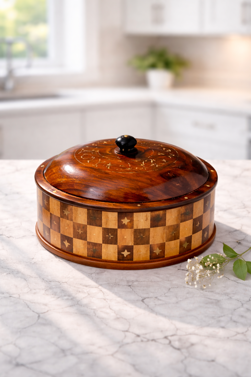 Brass Work Wooden Hotpot with Insulated Steel Bowl (12 Inches)