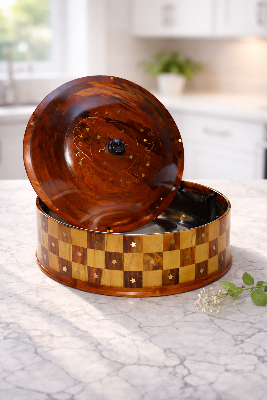 Brass Work Wooden Hotpot with Insulated Steel Bowl (12 Inches)
