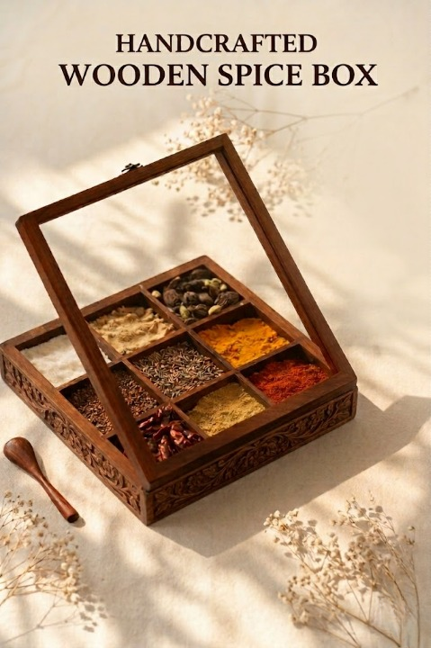 Traditional Wooden Spice Container – 9 Removable Jars with Glass Lid