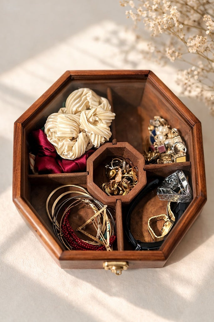 Hexagonal Wooden Box – 2-in-1 Jewelry & Spice Organizer