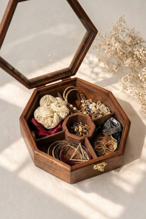 Hexagonal Wooden Box – 2-in-1 Jewelry & Spice Organizer