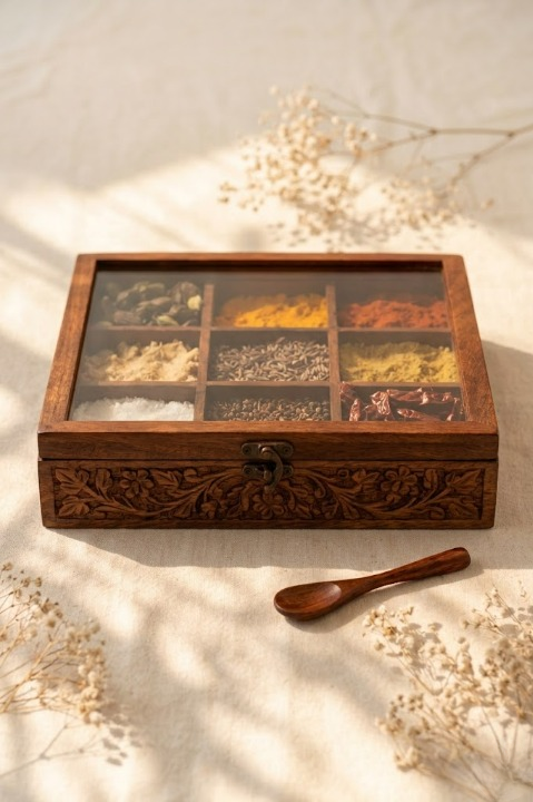Traditional Wooden Spice Container – 9 Removable Jars with Glass Lid