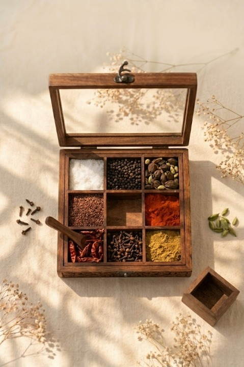 Traditional Wooden Spice Container – 9 Removable Jars with Glass Lid