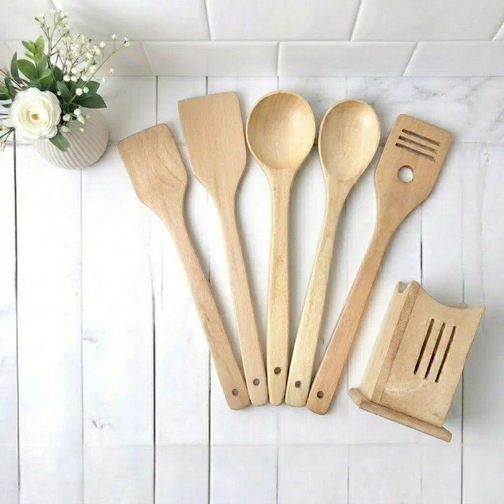 5-Piece Wooden Cooking Spoon Set with Storage Stand