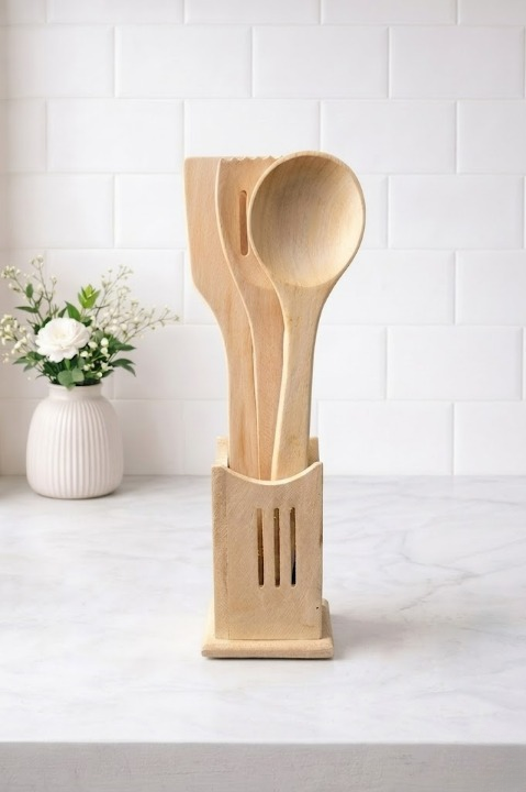 5-Piece Wooden Cooking Spoon Set with Storage Stand