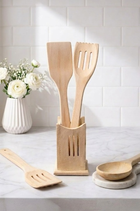 5-Piece Wooden Cooking Spoon Set with Storage Stand