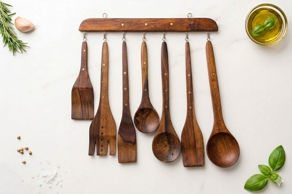 8-Piece Brass-Inlaid Handmade Wooden Spoon & Utensil Set