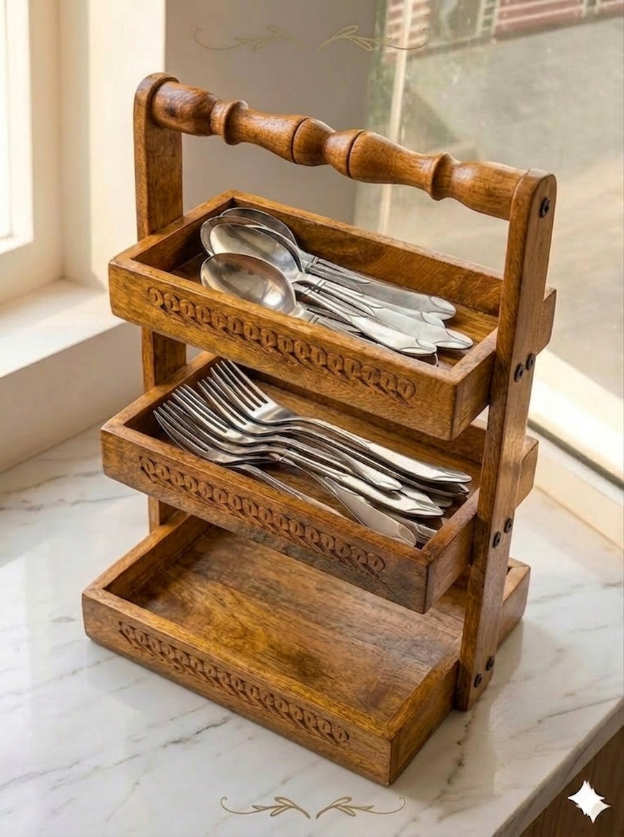 3-Tier Handcrafted Wooden Spoon Stand – Wall-Mount Utensil Holder