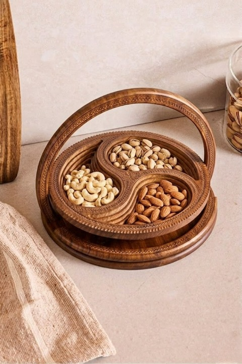 Handcrafted 3-Section Spiral Wooden Basket – Foldable Serving Tray