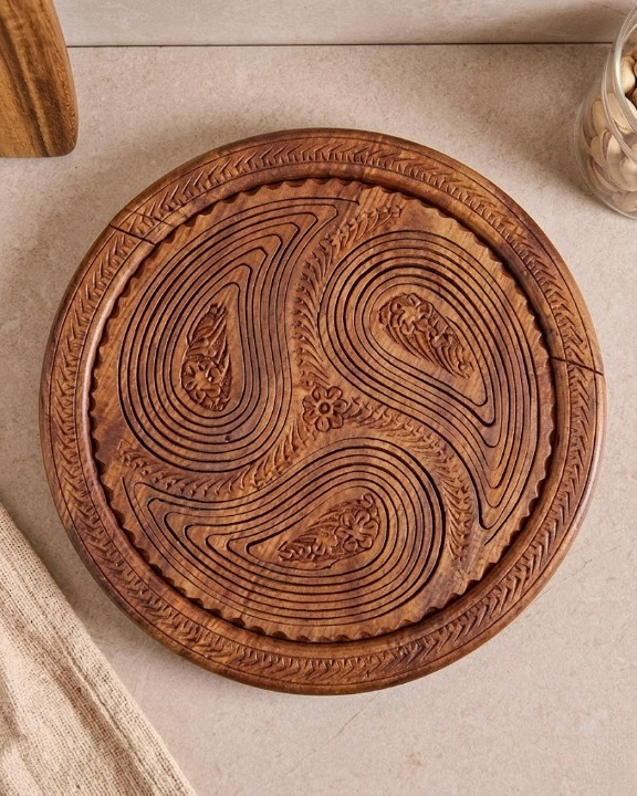 Handcrafted 3-Section Spiral Wooden Basket – Foldable Serving Tray