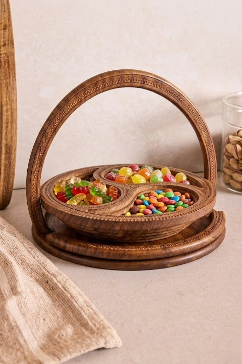 Handcrafted 3-Section Spiral Wooden Basket – Foldable Serving Tray