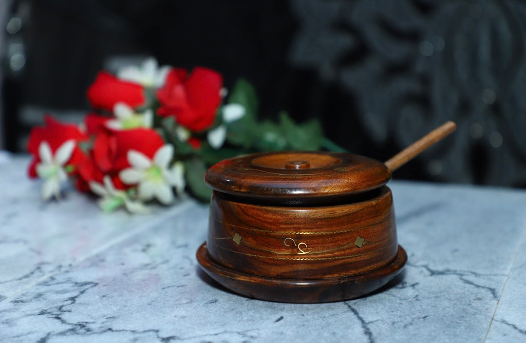 Wooden Sugar Pot with Brass Inlay & Matching Plate