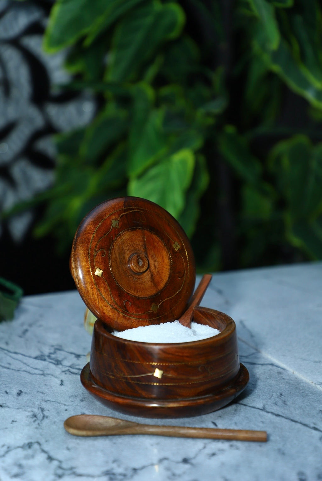 Wooden Sugar Pot with Brass Inlay & Matching Plate