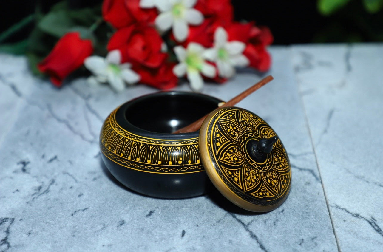 Premium Wooden Naqshi Sugar Pot – Black & Golden Hand-Painted Art