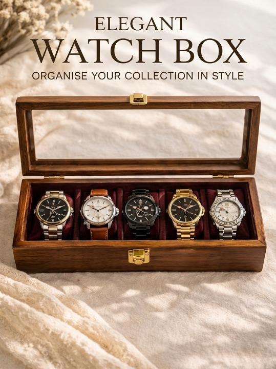 Royal Maroon 5-Slot Wooden Watch Box – Premium Lockable Organizer