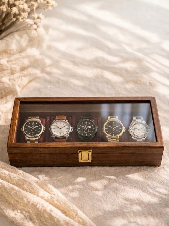Royal Maroon 5-Slot Wooden Watch Box – Premium Lockable Organizer