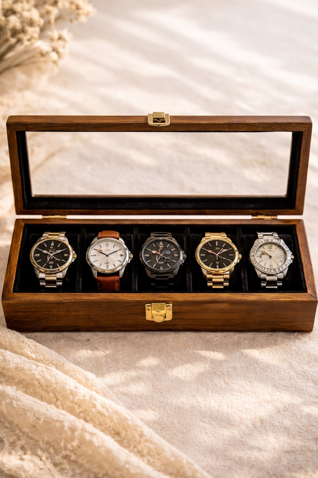 Black 5-Slot Wooden Watch Box – Premium Lockable Organizer