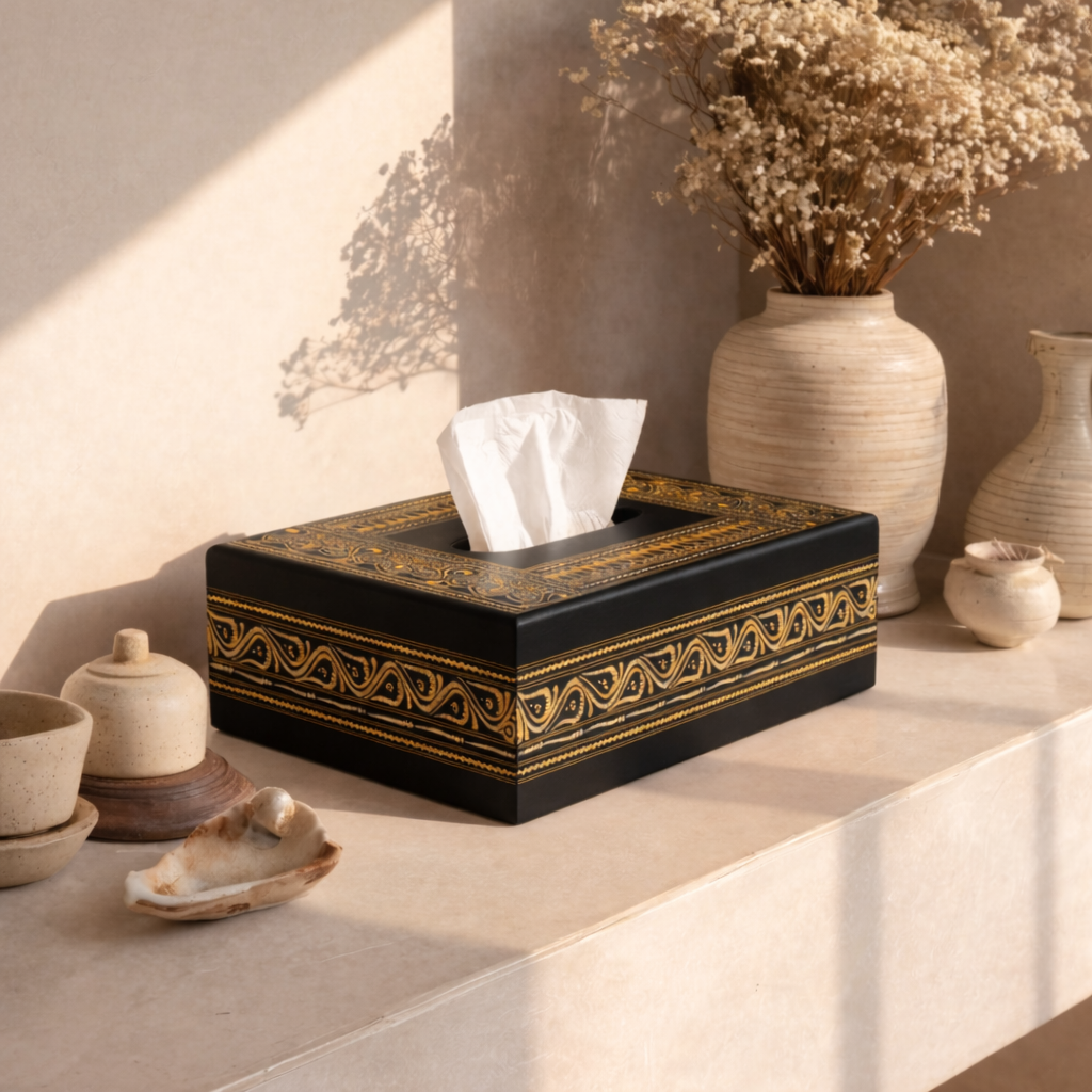 Royal Black &amp; Gold Naqshi Wooden Tissue Box
