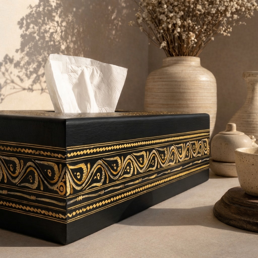Royal Black &amp; Gold Naqshi Wooden Tissue Box