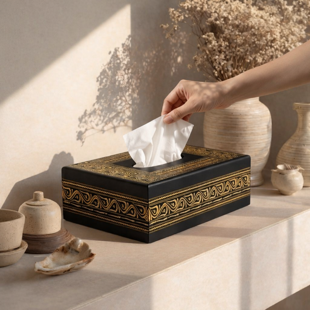 Royal Black &amp; Gold Naqshi Wooden Tissue Box