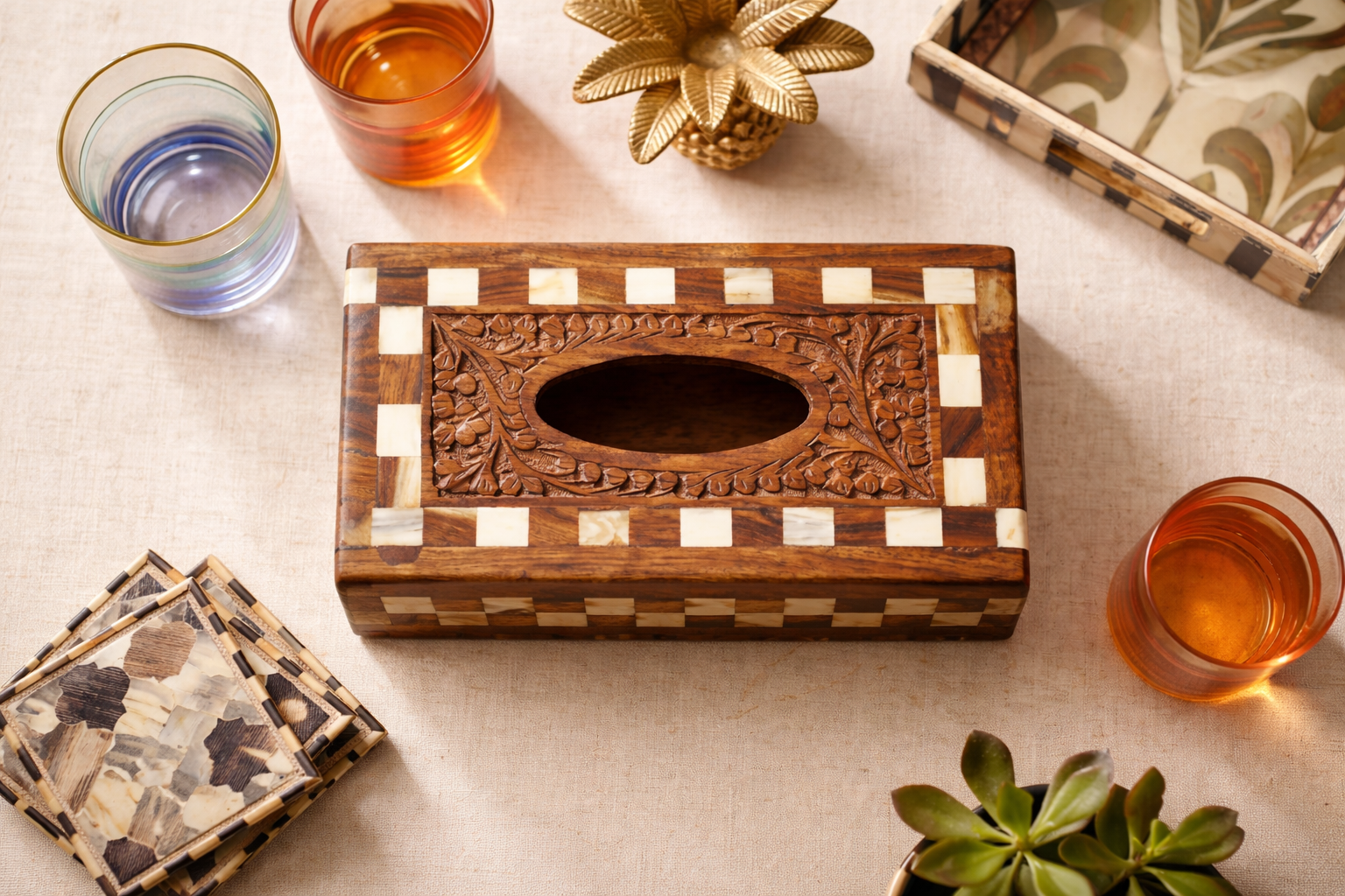 Premium Chequered Handcrafted Wooden Tissue Box
