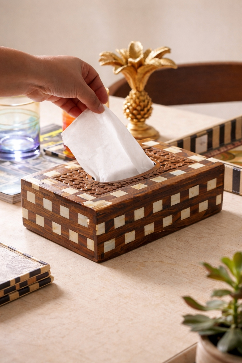 Premium Chequered Handcrafted Wooden Tissue Box