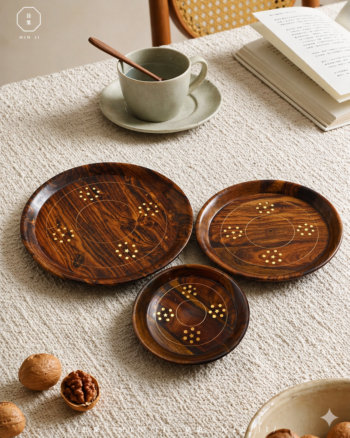 Premium Artisan Brass &amp; Wood Serving Plates – Set of 3 &nbsp;