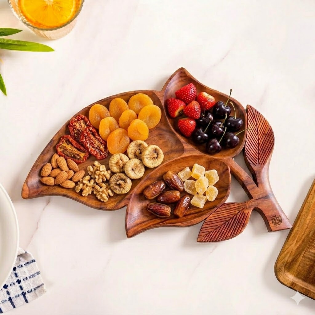 The Royal Leaf Artisan Hand Carved Wooden Dry Fruit Tray