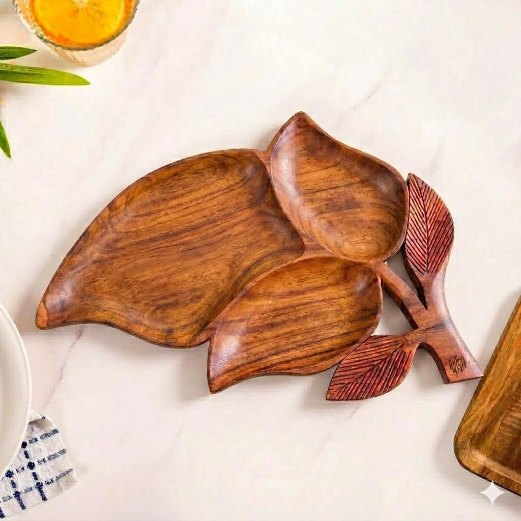 The Royal Leaf Artisan Hand Carved Wooden Dry Fruit Tray