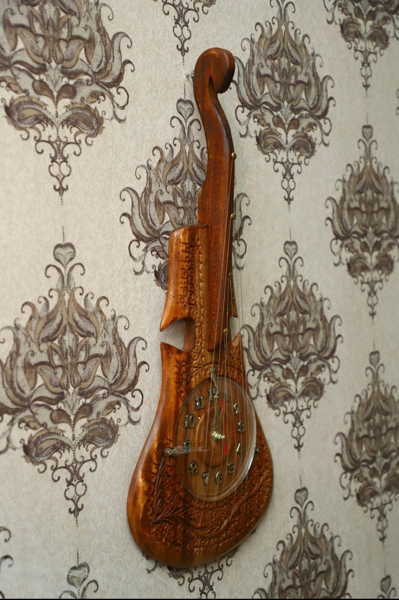 Hand Carved Wooden Musical Guitar Wall Clock (22-inch)