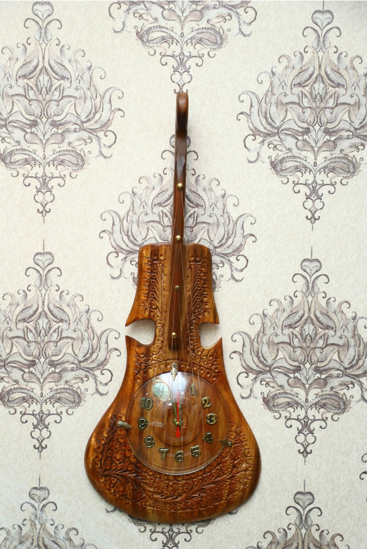 Hand Carved Wooden Musical Guitar Wall Clock (22-inch)