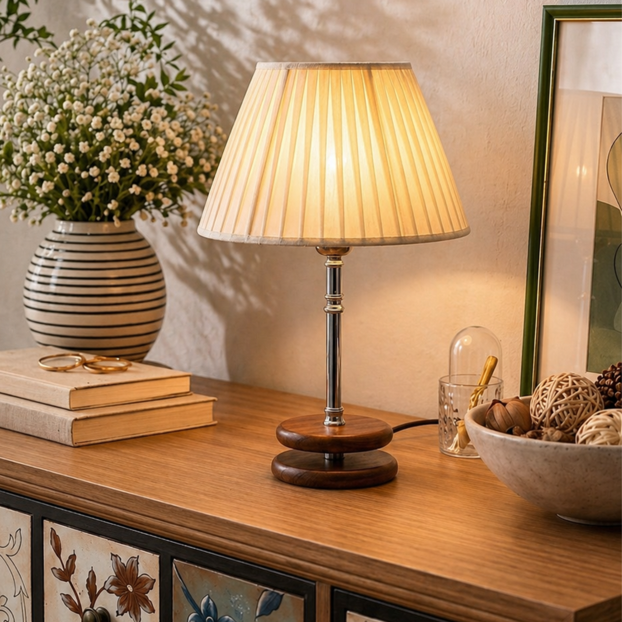 Minimalist Pleated Shade Table Lamp with Wooden Base