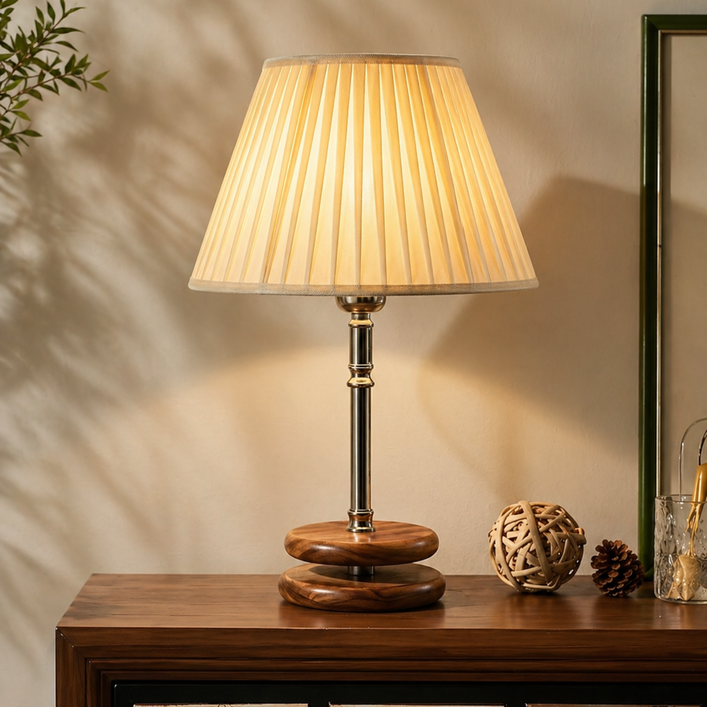 Minimalist Pleated Shade Table Lamp with Wooden Base