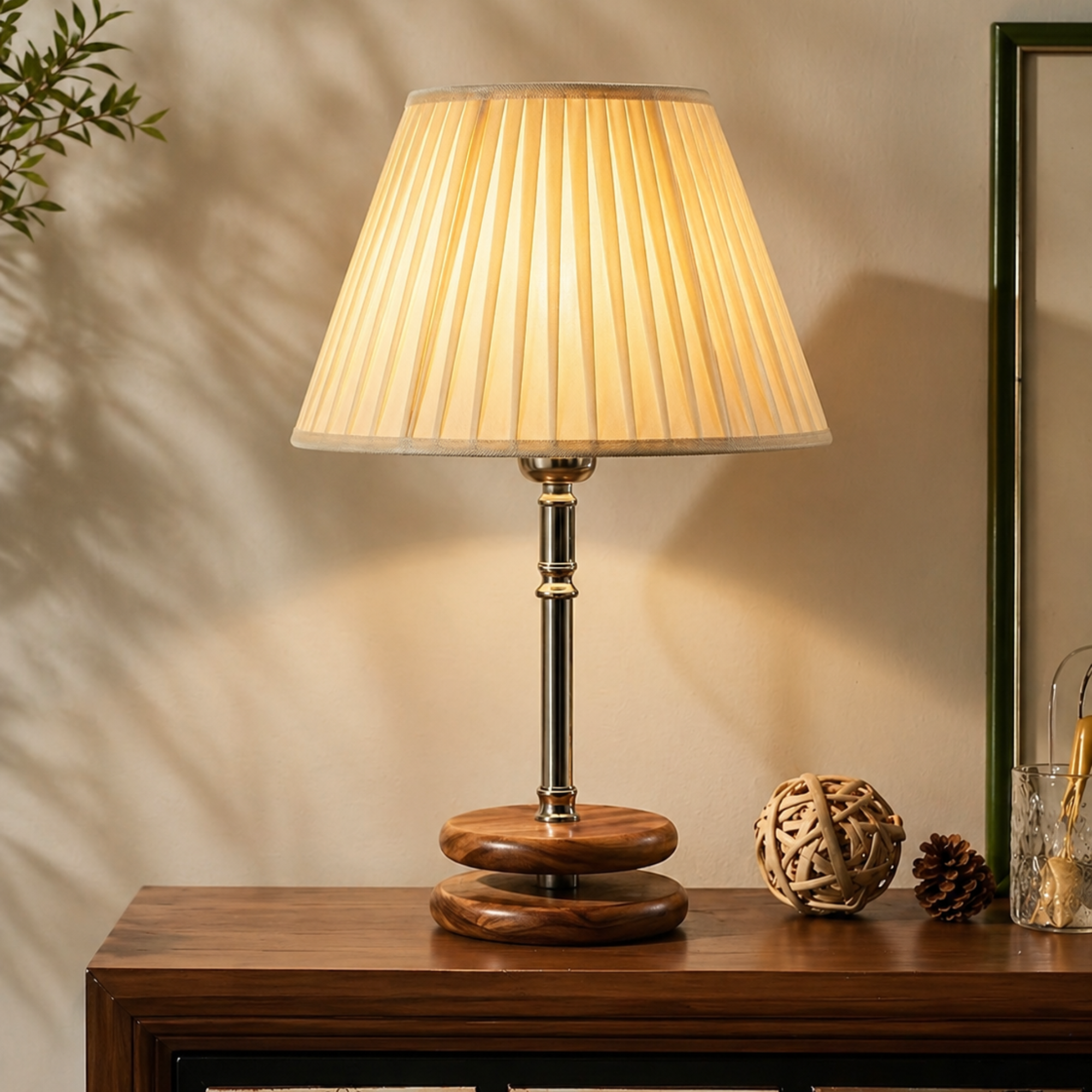 Minimalist Pleated Shade Table Lamp with Wooden Base